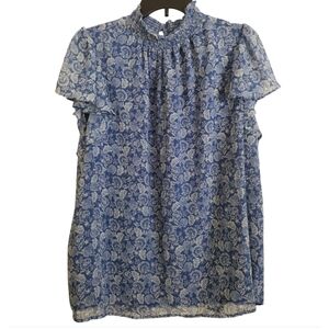 1.State Floral Blue White/Cream Blouse Flutter Sleeves Size 2X